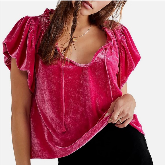 Free People Tops - Free People Terese Velvet Top Short Puff Sleeves Women’s Small Magenta Pink Boho